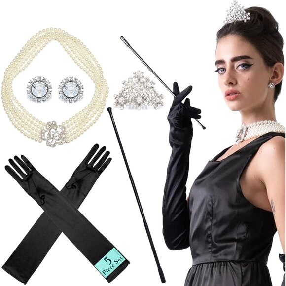 Audrey Hepburn Inspired 5-Piece Costume Jewelry Set with Necklace, Tiara, Earrin - Picture 1 of 6